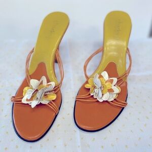 Charles by Charles David Y2K orange and yellow strappy 3” heels. Women’s size 7.